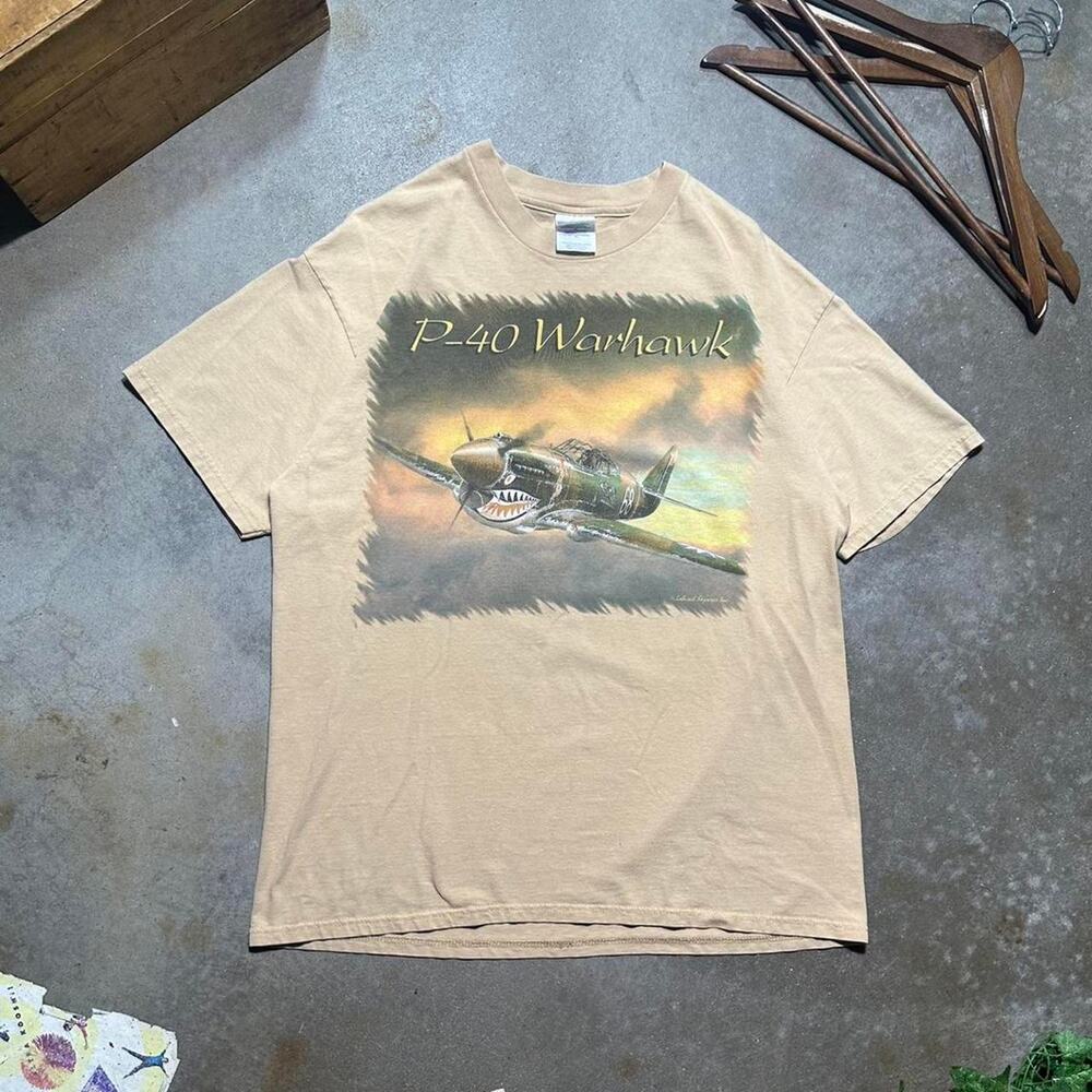 Vintage 90s P-40 Warhawk Plane Tee Mens XL Tan Brown Military Fighter Jet Shirt